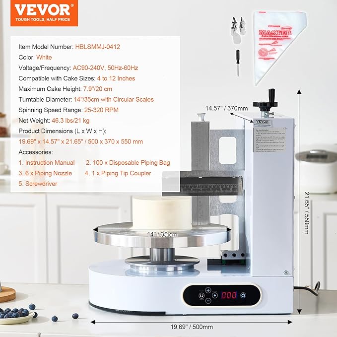 VEVOR Cake Decorating Machine, Cake Cream Spreading Coating Smearing Machine, Low Noise Cake Frosting Machine, Turntable with Adjustable Scraper, for 4" to 12" Cake, 25-320RPM Rotating Speed, White