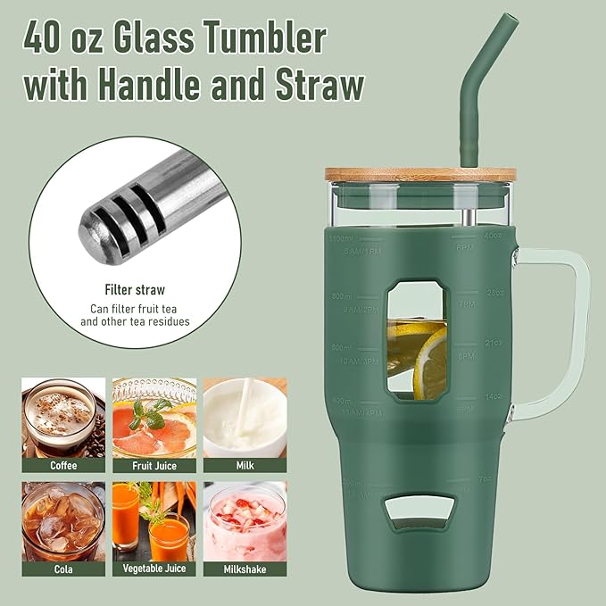 Glass Cups with Lids and Straws - 40 oz Tumbler with Handle - 16 oz Reusable Water with Bamboo Lid, Stainless Steel Straw, Silicone Sleeve for Coffee, Smoothi, Hot, Cold Drinks (2 Count)