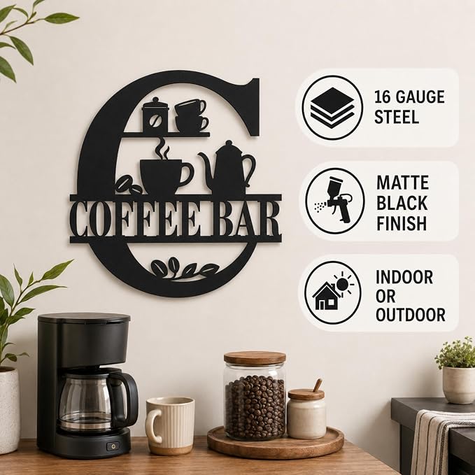 Coffee Bar Metal Wall Decor, Farmhouse Kitchen Sign, 14 Inch | Matte black metal COFFEE BAR sign with pre-drilled holes for kitchens, coffee stations, cafés, and farmhouse wall decor. - Image 4