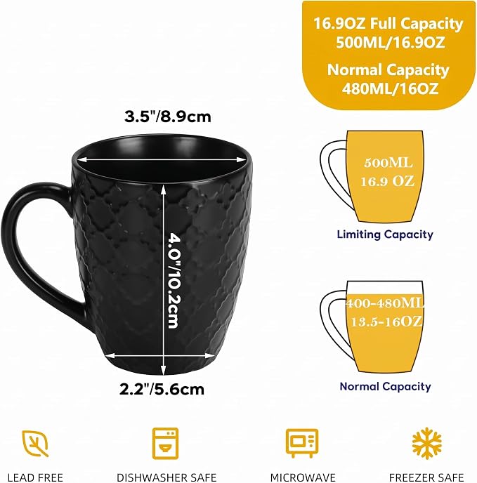 Schliersee 16 OZ Black Coffee Mugs Set of 6, Geometric Pattern Ceramic Coffee Mug Cups for Latte, Tea, Cappuccino, Mocha, Cocoa, Espresso cups - Image 2