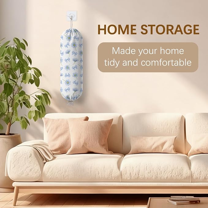 Plastic Bag Holder Dispenser, Plastic Grocery Bag Organizer & Wall Mount Paper Trash Bags Saver Storage for Kitchen Home Pantry Decor - Blue Floral Shopping Bags Storage Dispenser - Image 8