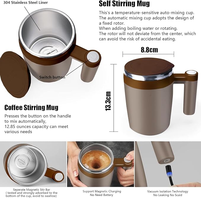 Self Stirring Mug,Rechargeable Auto Magnetic Coffee Mug with 2Pc Stir Bar,Waterproof Automatic Mixing Cup for Milk/Cocoa at Office/Kitchen/Travel 14oz Best Gift - Brown - Image 2
