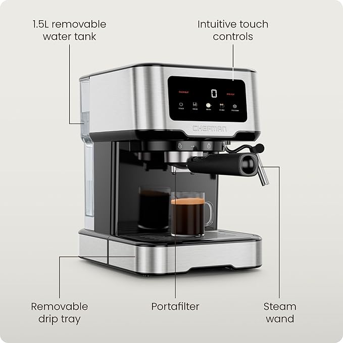 Chefman CraftBrew Espresso Machine, 15-Bar Pump Digital Espresso Maker w/Steam Wand for Latte & Cappuccino, Compact Espresso Coffee Machine w/ 1.5L Removable Water Reservoir - Stainless Steel - Image 6