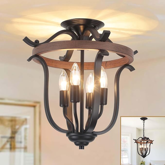 Farmhouse 4 Light Cage Chandelier, Vintage Rustic Mini Flush Mount Ceiling Light Fixture, Black Metal and Faux Wood Rustic Chandelier for Dining Room Kitchen Island Entryway Bedroom Porch Foyer by Yarlkav