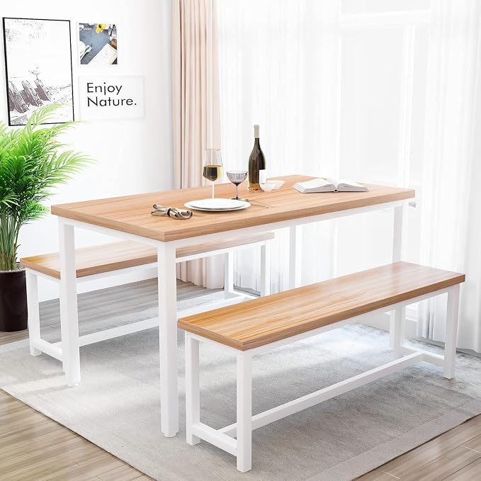 Recaceik Dining Table Set for 4 Kitchen Dining Room Set with 2 Dinner Benches, Farmhouse Breakfast Table for Apartment Small Space, Easy Assembly - Image 2
