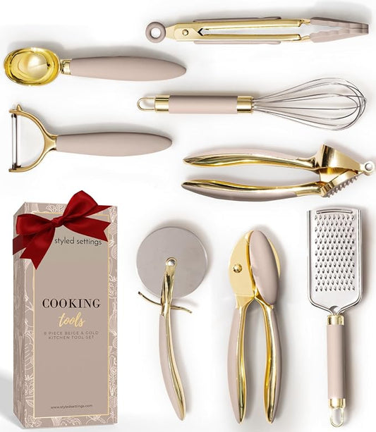 Styled Settings Beige and Gold Kitchen Utensils Set, 8-Piece | Silicone, 8 PC Cooking Gadgets with Mini Gold, Pizza Cutter, Garlic Press, Cheese Grater, Peeler by STYLEDSETTINGS