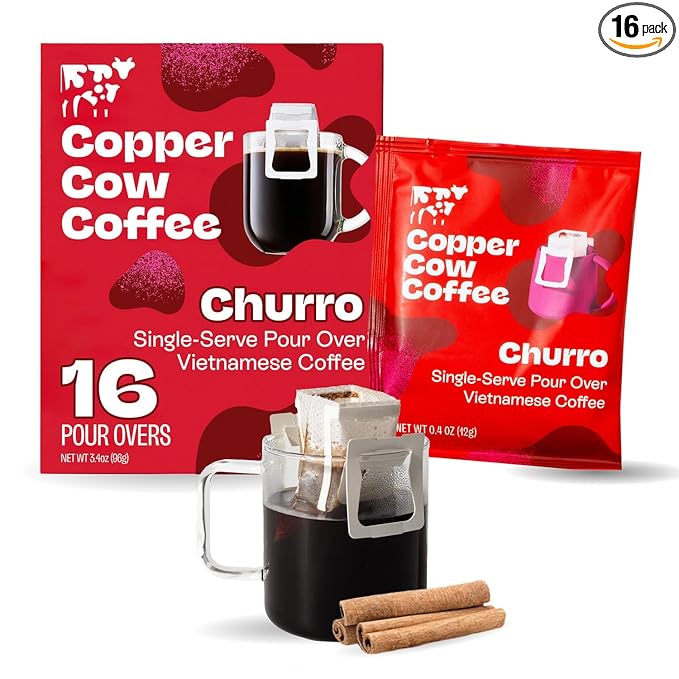 Copper Cow Coffee Premium Pour Over Single-Serve Vietnamese Coffee Pouches (16 pack) | Churro | Dark Roast | Flavored with Real Cinnamon | Convenient Vietnamese Ground Coffee Packets, Travel Friendly