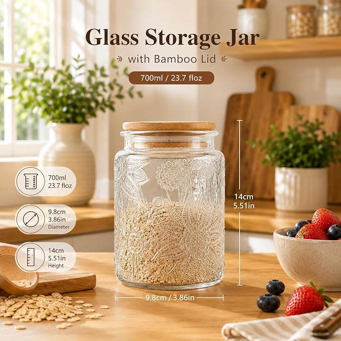 Vintage Glass Jar with Bamboo Lid, 23.7 FL oz - Airtight Decorative Food Storage Canisters for Kitchen Counter, Ideal for Candy, Sugar, Coffee, Cookies (Sunflower*2) - Image 3