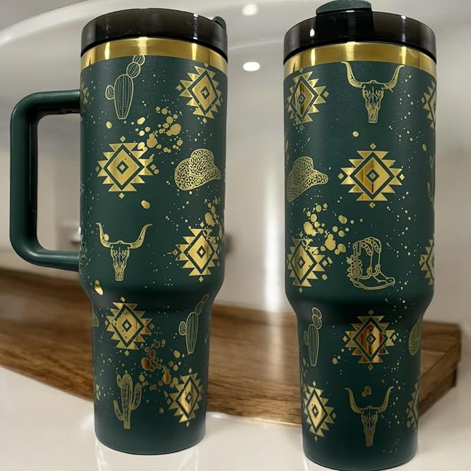 Tumbler, 40oz Tumbler, Western Tumbler, Engraved Cup with Handle, Cute Coffee Mug, 40oz Coffee Mug (Green/Gold(26)-Western(D))