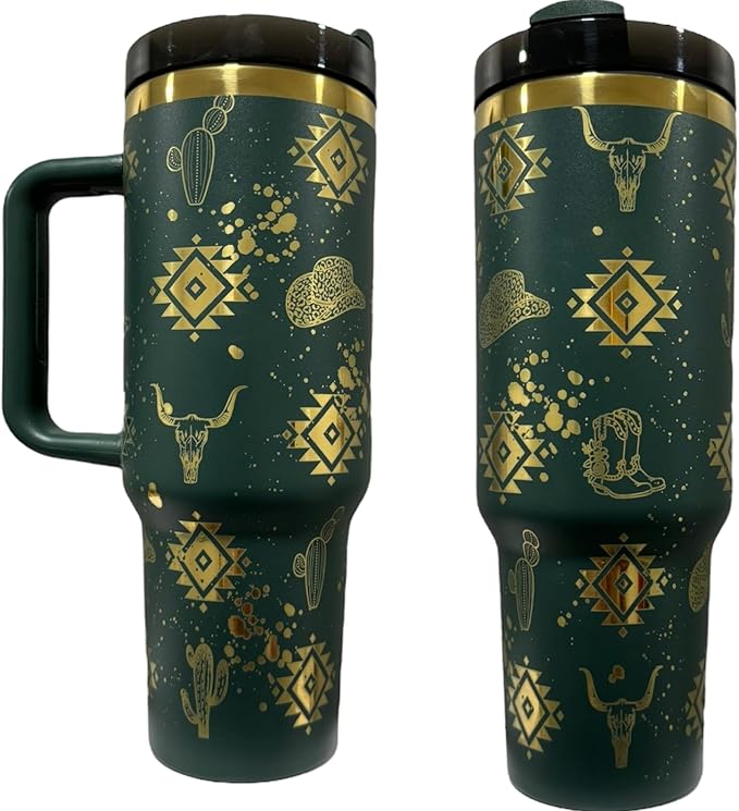 Tumbler, 40oz Tumbler, Western Tumbler, Engraved Cup with Handle, Cute Coffee Mug, 40oz Coffee Mug (Green/Gold(26)-Western(D))