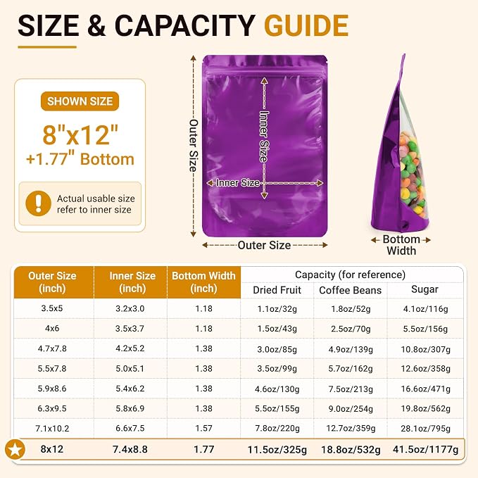 ANZNKU 100PCS Mylar Bags Resealable Large Smell Proof Bags(Purple, 8x12) | Stand Up Foil Pouches Clear Window, Sealable Bags for Small Business Packaging Snack Party Favors Candy Treats Food Storage - Image 2
