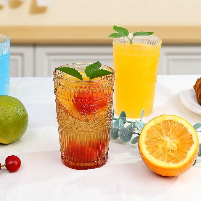 Loivttvv 6pcs Vintage Drinking Glasses Set, 12 oz Amber Highball Glasses, Embossed Ribbed Glassware Cups for Thanksgiving Cocktail, Juice, Whiskey - Image 6