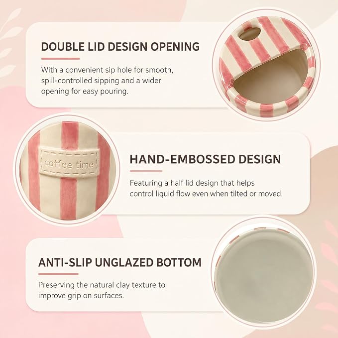 Ceramic Coffee Mug with Sip Hole, 12oz Striped Ceramic To Go Coffee Cup, Cute Aesthetic Mug for Espresso Latte Cappuccino, Handmade Glazed Cup for Home Office Gift Use, Pink - Image 9