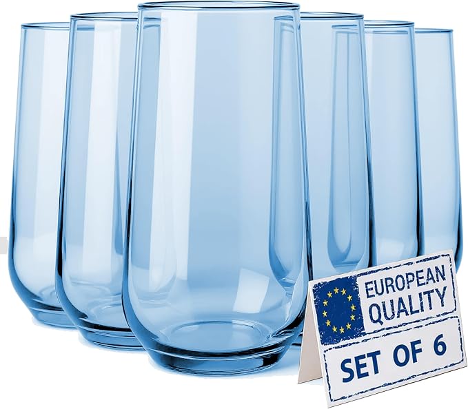 Blue Drinking Glasses Set of 6 | 16 oz Blue Glass Cups | Highball Drinkware for Cocktails, Long Drink, Water, Mojito, Juice, Soda by Biandeco