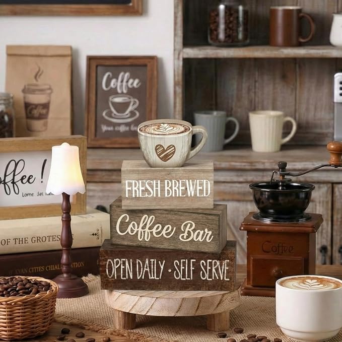 Moucuny 4 Pcs Farmhouse Coffee Bar Signs Decor Wooden Cup Rise & Shine It's Coffee Time Rustic Wood Cafe Sign Gift for Home Kitchen Tabletop Decor - Image 6