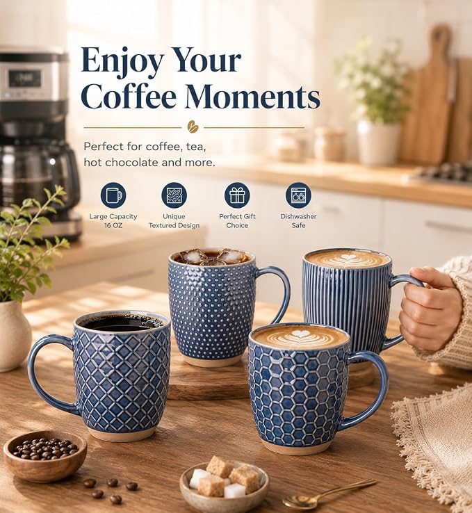 GBhome Large Coffee Mugs Set of 4, 16oz Handmade Embossed Coffee Mugs Set with Large Handle for Cappuccino/Latte/Tea/Hot Cocoa, Dishwasher & Microwave Safe, Blue - Image 5