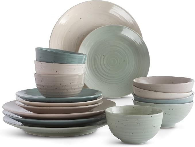 Sango Siterra Artist's Blend 16-Piece Stoneware Dinnerware Set for 4, Green, Cream & White Glossy Dishes with Speckles, Ceramic Plates and Bowls Sets for Everyday Dining, Microwave & Dishwasher Safe by Sango
