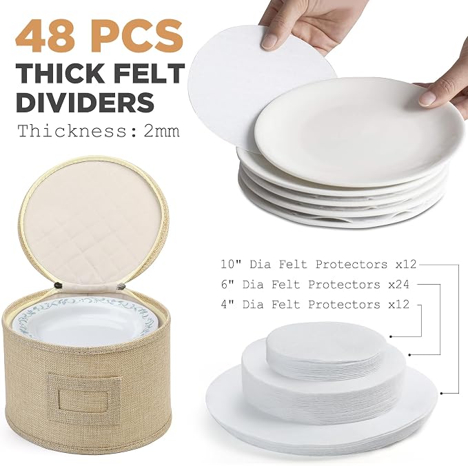 LotFancy China Storage Containers, Hard Shell, 4PCS Set, Dish Saucer Plate Storage Box for Moving, Stackable Dinnerware Organizer Bins with 48 Felt Dividers, Beige - Image 3