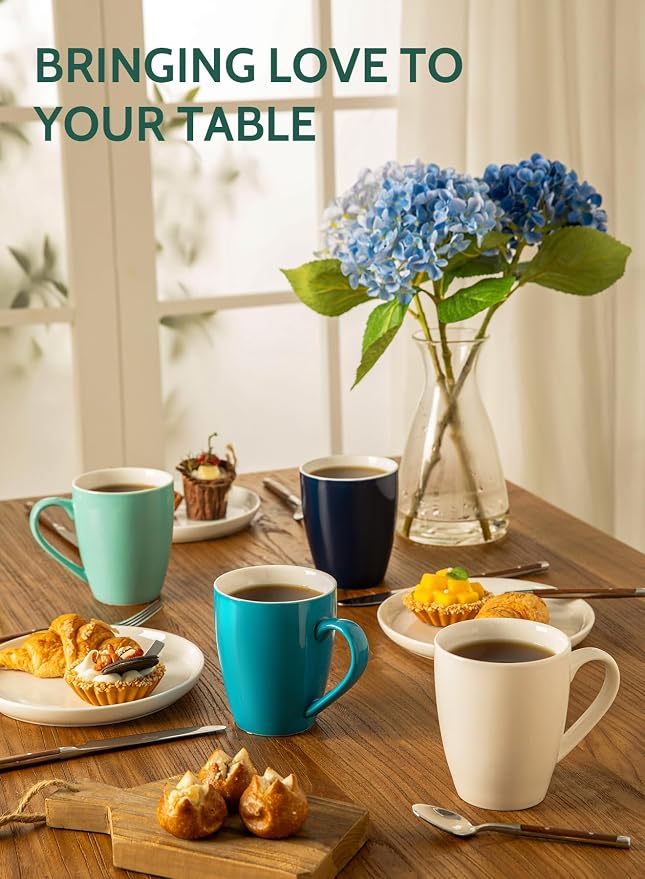 Sweese Porcelain Coffee Mugs - 16 Ounce - Set of 6, Cups for Latte, Hot Tea, Cappuccino, Mocha, Cocoa, Multicolor, Blue Assorted Colors - Image 2