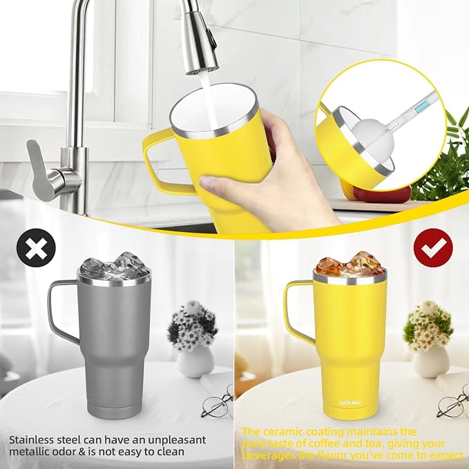 20 oz Insulated Coffee Mug with Ceramic Coating, Stainless Steel Travel Mug Tumbler with Handle Lid and Straw, Double Wall Leak-Proof Coffee Travel Mug Keeps Drink Hot and Cold (Yellow) - Image 5
