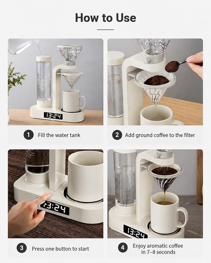 Coffee Alarm Clock Maker Bedside Dual Mode Extractor 500ml Glass Water Tank | Removable Filter Hot Water Dispenser Brewer Timer Brewed Delay Drip Pot Tea Filter Paper Ceramic Cup - Image 7