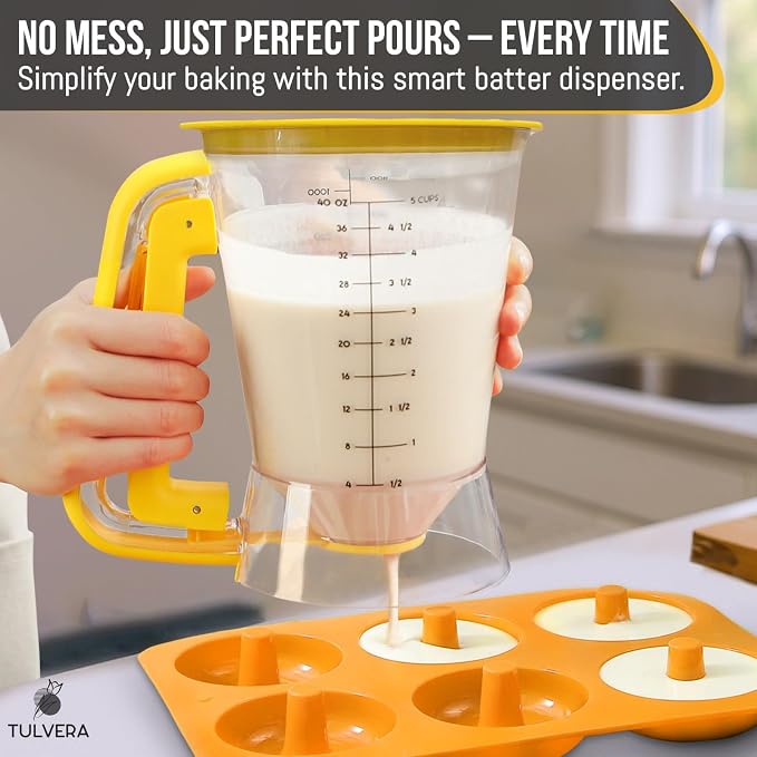 Pancake Batter Dispenser | 5-Cup Mix Pourer for Pancakes, Waffles, Crepes, Muffins, Cupcakes | Squeeze Handle, Portion Control Pitcher, Durable Drip-Free Design | Baking Accessories (Classic Yellow) - Image 3