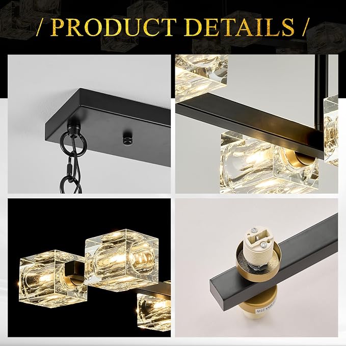 Black Gold Crystal Chandelier Modern 8-Light Sputnik Ceiling Pendant Lights L 31.5" Industrial Adjustable Hanging Light Fixture for Dining Room Kitchen Island Living Room Bar Over Table - Image 9