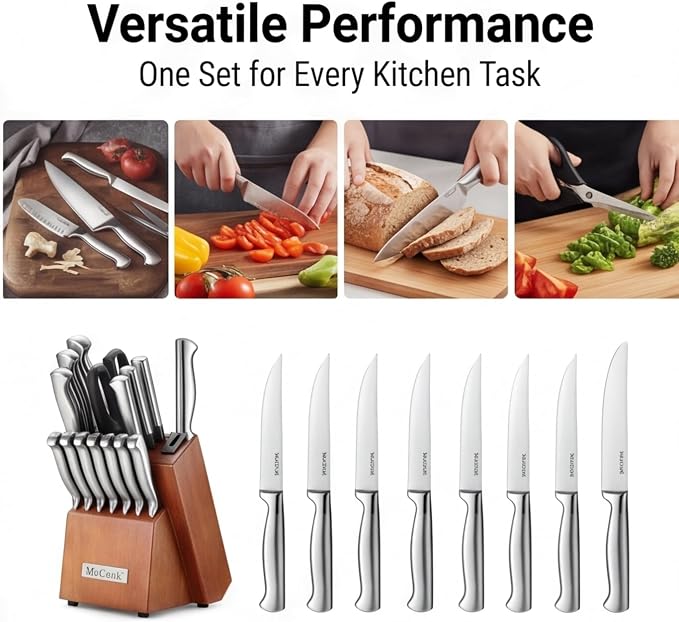 McCook Kitchen Knife Set 15PC Knife Block Set w Built-in Sharpener | German Forged Stainless Steel,Razor Sharp,15 PC, Anti-Rust,Restaurant Grade,Ergonomic Handles,Full Tang,Gift Box - Image 6