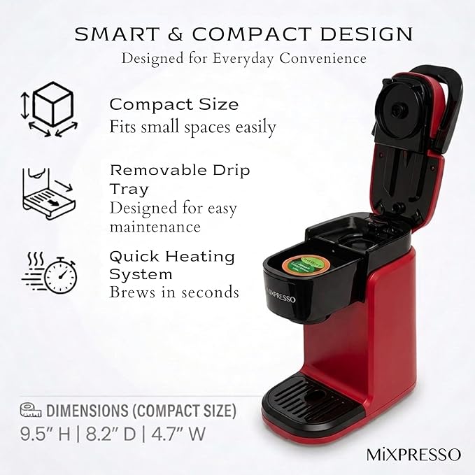 Mixpresso Single Serve Coffee Maker K Cup Coffee Maker for K Pods & Grounds | Compact 800W Red Coffee Machine with 12 Oz Water Tank, Fast Brew & Auto Shut-Off, Small Design for Travel, Office, RV & Dorm - Image 6