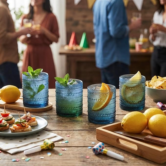 Moretoes 10oz Blue Hobnail Drinking Glasses Set of 6 Cocktail Glasses | Vintage Old Fashion Glassware, Textured Glass Cups Bubble Glasses Water Glasses Jupiter Glasses Set - Image 5