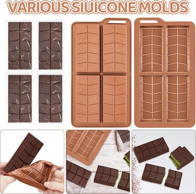 Deep Chocolate Bar Molds Silicone Non Stick 0.82inch,2 Pack Thick Dubai Shapes Chocolate Stuffed Bar Mold Kit for Filling Knafeh Candy with 100pcs Bags(Brown) - Image 7
