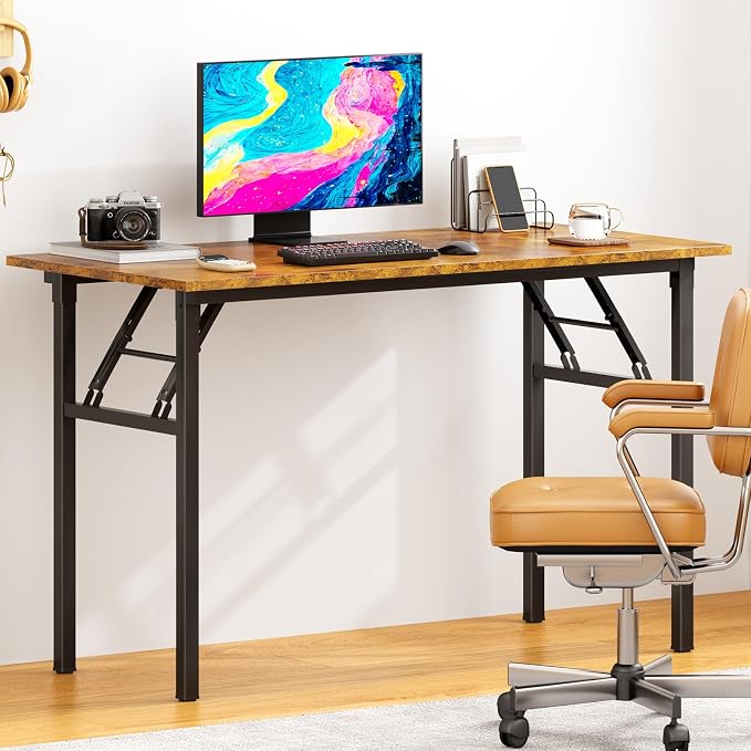 DlandHome 39.4 Inch Small Folding Computer Desk for Home Office, Retro | Foldable Writing Table for Small Spaces Bedroom, No Assembly Required, Wood Top Metal Frame, Collapsible Compact Easy Storage - Image 2