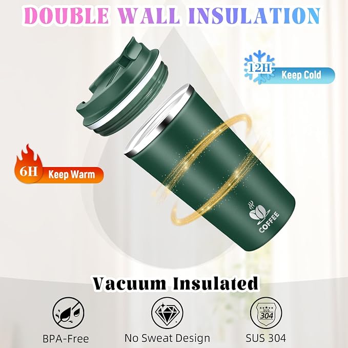 17oz Insulated Travel Coffee Mug with Flip Lid – Leakproof Stainless Steel Insulated Coffee Tumblers, Reuable Coffee Cup for Hot & Cold Drinks, Perfect for Camping & On-the-Go - Image 5