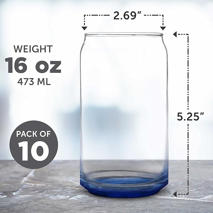 DISCOUNT PROMOS Beer Can Glasses Set of 10, 16 oz. Pint Sized, Soda Can Shape, Glassware, Blue