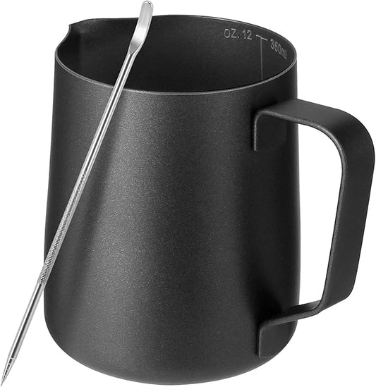 Milk Frothing Pitcher,Milk Steaming Frother Cup,Barista Cappuccino Latte Art Milk Jug with Decorating Pen,Stainless Steel Espresso Coffee Bar Accessories Tools (Black, 12oz)