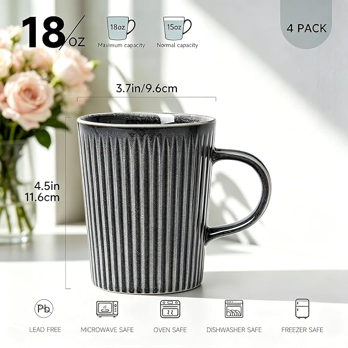 Coffee Mugs Set of 4, 18oz Large Striped Stoneware Coffee Cups with Handle | Handmade Ceramic Mugs Set for Women and Men, Dishwasher and Microwave Safe, Suitable for Hot Coffee, Tea, Cocoa, Milk, Glossy - Image 2