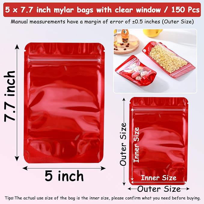 150 Pcs Mylar Bags for Food Storage, 5x8 Mylar Bag with Window Stand Up, Small Holographic Resealable Bags Smell Proof Bag Food Packaging for Small Business Freeze Dried Candy Jewelry Foil Packaging - Image 5
