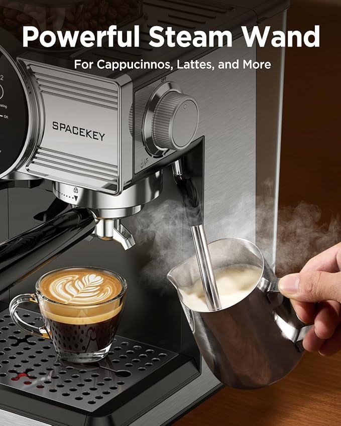Spacekey Espresso Coffee Machine with Grinder, Milk Frother, Cold Brew, 20 Bar | Coffee Maker with 30 Grind Settings, 60oz Removable Tank, Home Barista Kit for Lattes, Cappuccinos, Americano - Image 5