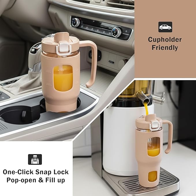 32oz Glass Tumbler with Straw Handle and 2-IN-1 Sip & Spout Lid, Reusable Iced Coffee Cup for Smoothie, Matcha, Leakproof Glass Water Bottle with Straw and Silicone Sleeve, BPA Free-Amber