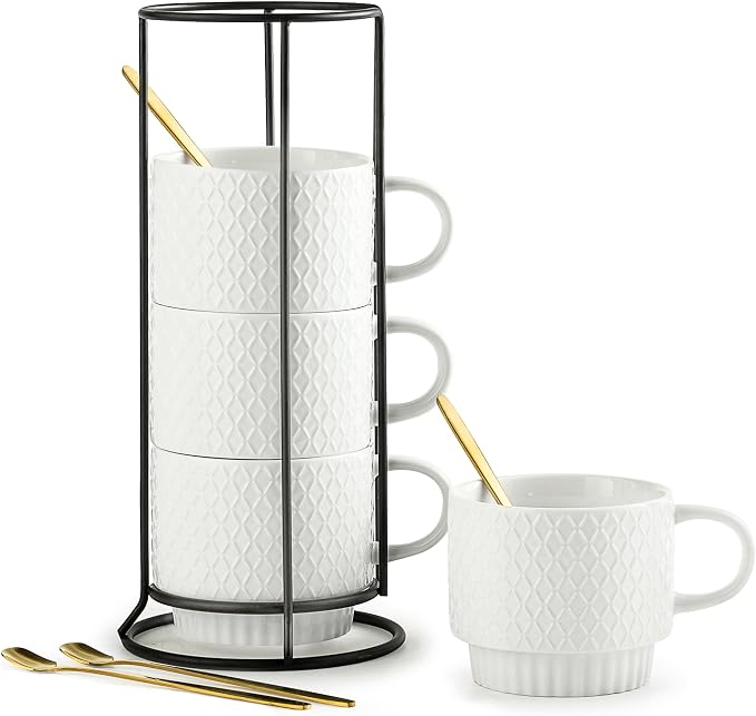 LYEOBOH Stackable Coffee Mugs with Rack, 13 oz Ceramic Coffee Mug Set of 4 with Stand, Latte Cup with Spoon, Cappuccino Cups for Hot Cocoa, Milk, White by LYEOBOH