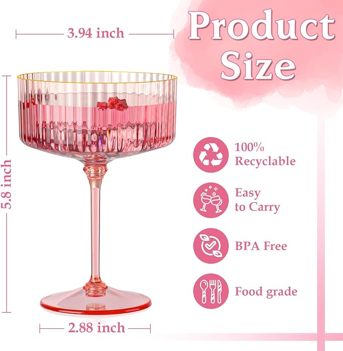 100 Pcs Pink Ribbed Martini Glasses Bulk 10oz Champagne Martini Glasses Plastic Gold Rim Espresso Martini Glass Margarita Glasses Vintage Coupe Glass Glassware Dessert Cup for Wedding Valentine's Day - Image 2