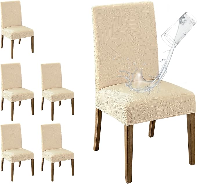 MOSAYT 100% Waterproof Dining Room Chair Covers Set of 6, Super Fit Stretch Jacquard Parson Chairs Slipcovers Removable Washable Chair Seat Protectors for Home, Kitchen, Banquet (Beige - XL) by MOSAYT