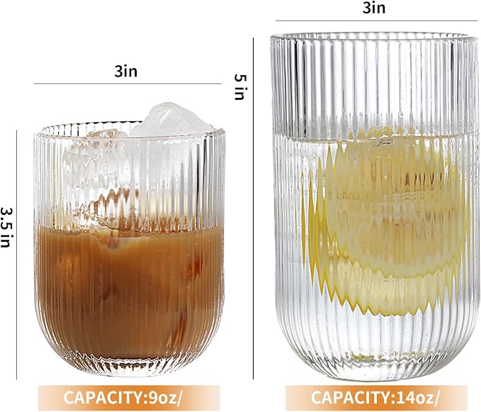 Set of 8 Ribbed Glassware,4 Highball Glasses 14oz & 4 Rocks Drinking Glasses 9oz, Clear, Origami Style, Fluted Design, for Milk, Water, Cocktail, Juice, Beer, ToothBrush Cup, Gift - Image 7