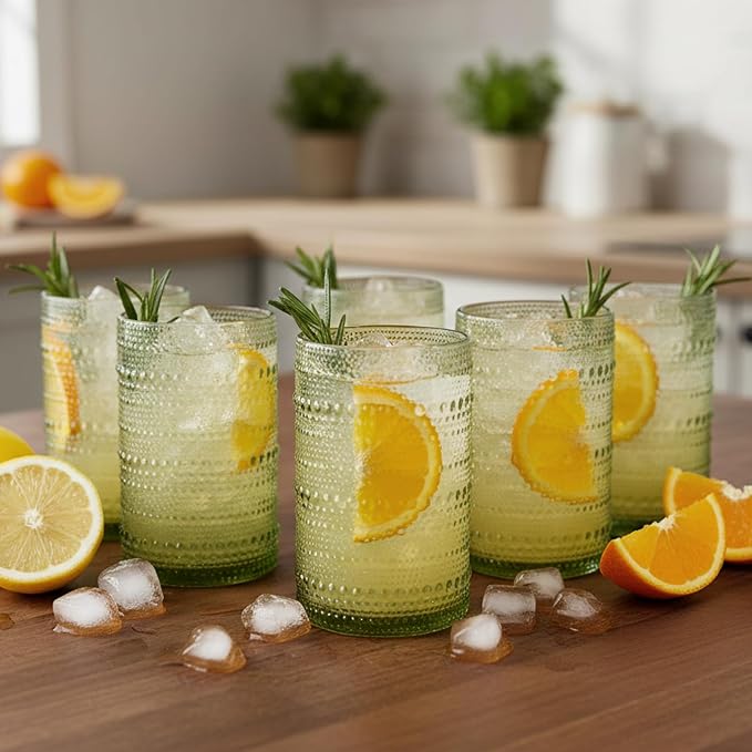 Moretoes 15oz Green Hobnail Drinking Glasses Set of 6 | Vintage Highball Glass Cups, Kitchen Drinkware Glassware for Beer,Cocktail,Whiskey,Juice and Various Mixed Drinks - Image 5