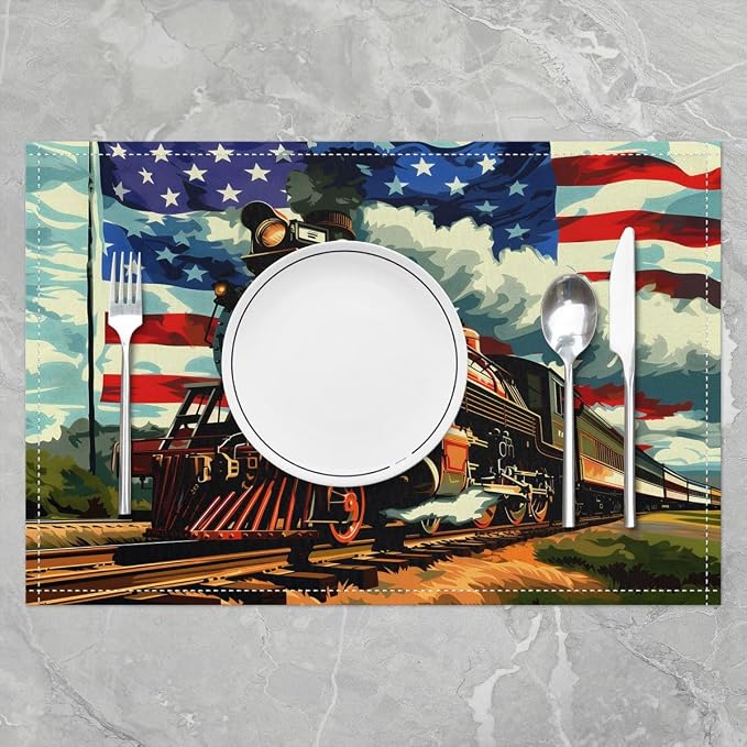 Feelyou Train Placemats Set of 4 American Flag Table Mats for Party Kitchen Dining Decoration Colorful Steam Engine Place Mat for Table Holiday Decor Indoor Outdoor 18"x12" Easy to Clean - Image 2