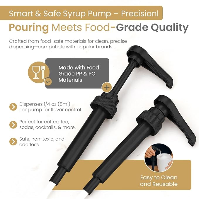 Syrup Pump for Coffee Syrup Bottles – 4-Pack Dispenser Pumps Fits 750ml / 25.4 oz Flavoring Syrup Bottles – Compatible with Torani & More – Black Coffee Syrup Dispenser Pump for Home & Cafe Use