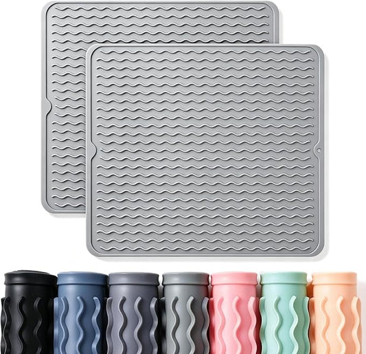 2 Pack Caketime Silicone Dish Drying Mat for Kitchen Counter Heat Resistant Pads Hot Dishes Waterproof with Under Sink Soap Holder Coffee Bar Accessories Women Gifts Extra Large 18"x16" Light Gray by CAKETIME