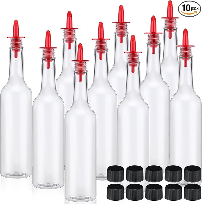 Tioncy 10 Sets 15oz Plastic Liquor Bottles with Pourers Sets 10 Plastic Long Neck Syrup Bottles with Pourer and Caps Reusable Leakproof for Home Party Bar(Red)