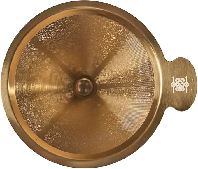 ATHIA Golden Reusable Coffee Filter, Stainless Steel Pour Over Dripper with Laser-etched Mesh Cone, Eco-friendly Paperless Design, Fits Most Mugs, Carafes & Hario Brewers (Golden, Flower Carving)