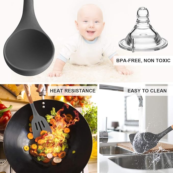 MIBOTE Silicone Cooking Kitchen Utensils Set, 17 Pcs, Wooden Handle, Grey | BPA-Free, Non-Toxic Silicone Turner, Tongs, Spatula, Spoon Set – Great for Nonstick Cookware, Heat-Resistant, Easy Clean - Image 6